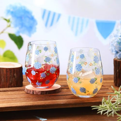 Sliner 2 Pack 17oz Hydrangea Stemless Wine Glasses Spring Summer Floral Drinking Glasses Hydrangea Tumbler Cups for Spring Summer Parties Supplies Birthday Gift - style: Hydrangea