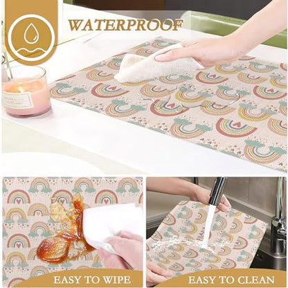Rainbow Heart Placemats,Boho Whimsical Table Mats Set of 6,12x18 Inch,Waterproof Oil-Proof Washable and Reusable Linen placemats Holiday Party Kitchen Table Decorations - color: Rainbow Heart，boho Whimsical