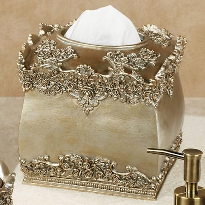 Victoria Rose Tissue Cover, Satin Gold | Resin, Handpainted, Dimensional Flowers, Blooms, and Scrolls, Scalloped Edges, Holds Boutique Size Tissue Box
