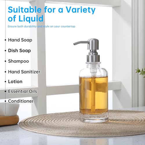 Clear Glass Soap Dispenser with Brushed Nickel Pump 2 Pack, 2 X 11 OZ Liquid Soap Dispenser Cylindrical with Stainless Steel Pump for Dish Hand Soap Bathroom Kitchen Vanity Countertop - color: Brushed Nickel, size: 2X11 oz