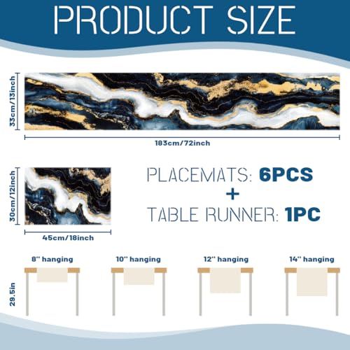 WADORN Marble Texture Abstract Table Runner and Placemats Set of 6, Black White Gold Ink Marble Texture Kitchen Dinning Table Decoration Abstract Modern Art Dining Settings for Home Kitchen Party - size: Marble Texture