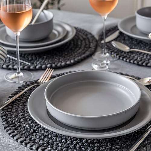 over&back Rim Dinnerware Set - Stoneware Dishes - Comes with 4 Dinner Plates, Salad Plates, Cereal Bowls, and Dinner Bowls - 16-Piece All-Occasion Place Settings - Serves Four - Semi-Matte Charcoal - color: Charcoal, size: Dinner Set | 16 Pieces