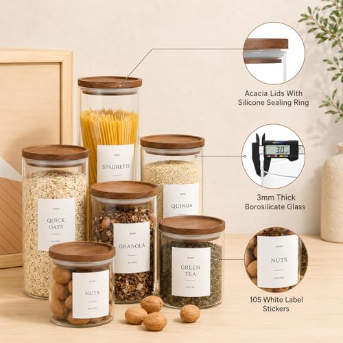 6 Pack Glass Jars with Acacia Lids, 21oz Pantry Airtight Storage Containers | Glass Kitchen Canisters with 105 Labels, Food Storage Containers for Pantry with Wood Lids for Coffee, Tea, Sugar, Spice - size: 21oz 6 Pack