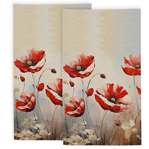 Red Poppy Flower Bathroom Hand Towels, Vintage Spring Flower Bath Hand Towel for Decorative Fingertip Towels Set of 2 for Home Bathroom Spa Hotel Gym 14"X28" - color: Red Poppies