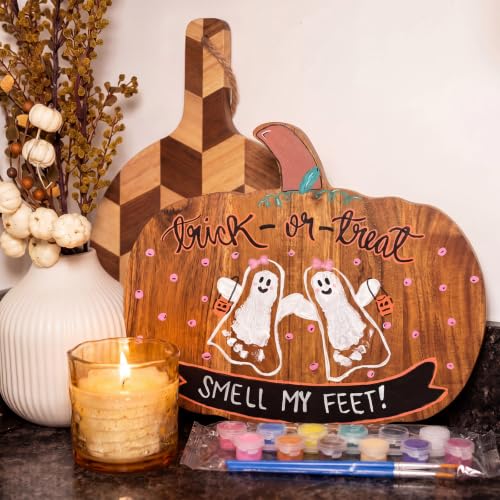 Baby First Halloween DIY Pumpkin Cutting Board | Trick or Treat Smell My Feet Halloween Footprint DIY Tray Ghost Footprint Pumpkin Cutting Board with 12 Color Paints Brushes - style: Halloween Ghosty Toes