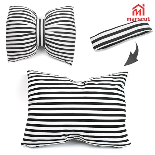 Bow Shaped Pillow, Decorative Sofa Throw Pillows, 17.7" x 13.8", Striped Black and White Reversible Pillow Cushions for Couch Bed Sofa Office Car Decor Neck Waist, Hand Made Cotton, Detachable to Wash