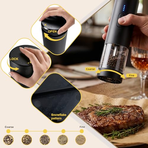 Electric Salt and Pepper Grinder Set, 2-in-1 Electric Salt and Pepper Grinder Set, USB-Rechargeable, Refillable Automatic Salt and Pepper Mill Shaker with LED Light, Kitchen Gift, Black