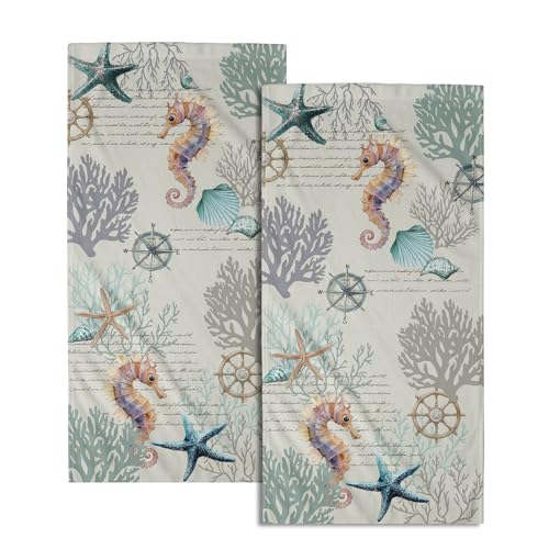Imiss Nautical Blue Coral Hand Towels Set of 2 Vintage Seashell Starfish Compass Decorative Bath Towels Soft Small Fingertip Face Towel for Home Bathroom Hotel - color: Vintage Nautical