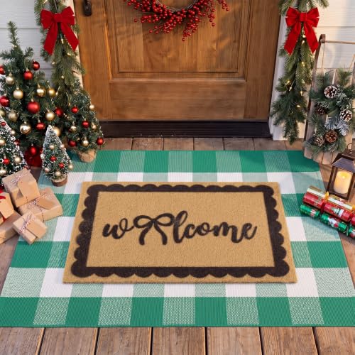 2 Pcs Dark Green Bow Welcome Front Door Mat Outdoor Combo Set, 27.5'' x 43'' Double Buffalo Plaid Layered Front Porch Rug with Heavy Duty Backing Coir Doormat Outdoor Entryway Decor - color: Dark Green