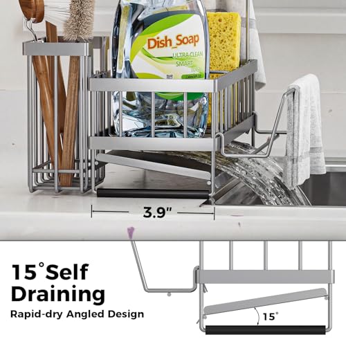 Kitchen Sink Organizer, Stainless Steel Sponge Holder, Silver | Rust-Resistant Steel, Detachable Draining Board, Compartment Divider, Brush Holder & Towel Bar, Ideal for Kitchen Storage - color: Silver