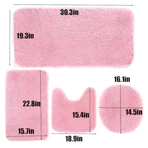 4 Piece Non Slip, Toilet Lid Cover and Contour Mat, Bath Mats Shower Mats Bath Rug Mat for Tub Toilet Bathroom (Pink) - color: Pink