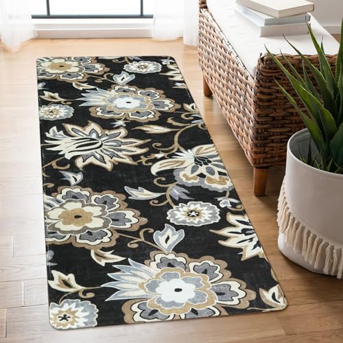 Lahome Floral Black Small Runner Rug - 2x4 Area Rug Non-Slip Low-Pile Washble Entryway Runner Rug Throw Stain Resistant Kitchen Rugs, Paisley Print Accent Carpet Runners for Bedroom Bathroom Laundry | Small Non-Slip Low-Pile Entryway Area Rug, Stain Resis