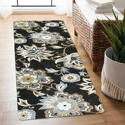 Lahome Floral Black Small Runner Rug - 2x4 Area Rug Non-Slip Low-Pile Washble Entryway Runner Rug Throw Stain Resistant Kitchen Rugs, Paisley Print Accent Carpet Runners for Bedroom Bathroom Laundry | Small Non-Slip Low-Pile Entryway Area Rug, Stain Resis