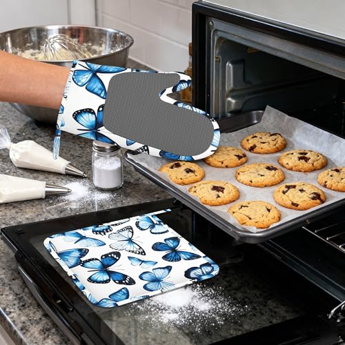Blue Butterfly Heat-Resistant Silicone Oven Mitts and Pot Holder 4 Piece Set,Non-Slip Kitchen Oven Gloves for Baking, BBQ, Cooking,Grilling - color: Blue Butterfly