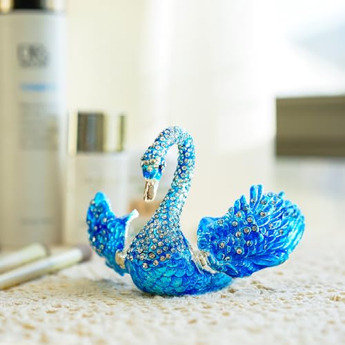 YU FENG 3.5 Inch Blue Swan Trinket Box, Hinged Jewelry Box Figurine Decor | Elegant Swan Design, Enamel Finish With Crystal Accents, Jewelry Storage Organizer, Decorative Collectible, Gift For Women