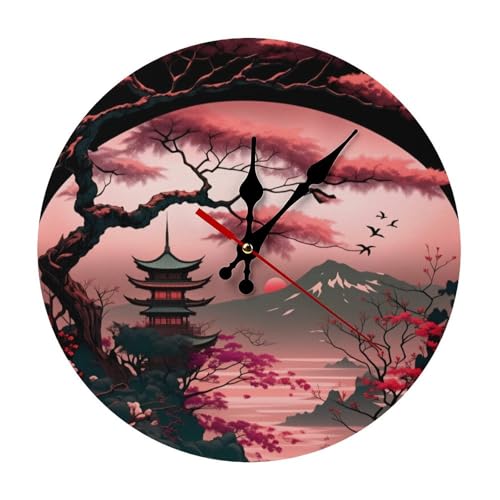 Japanese-Style Red Photo Minimalist Silent Wall Clock 11.8x11.8 inches, Modern Round Wooden Clock Without Numbers for Bedroom Living Room Office Home Decor - color: Japanese-style Red Photo, size: 11.8x11.8 inches