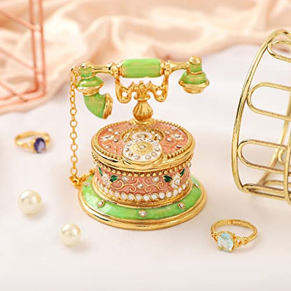 QIFU Hand Painted Green Pink Telephone Figurine Trinket Box Hinged Unique Gift for Family - color: T2 Green-Pink