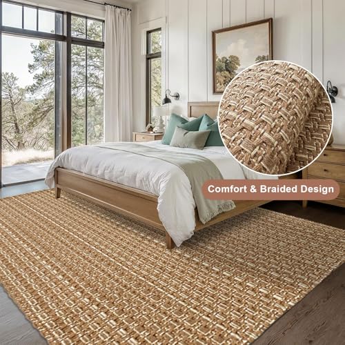 Tan Brown Faux Jute Area Rug 5x7 ft,Braided Solid Rubber Backed Indoor Rug | Washable neutral floor carpet, ideal for living room, bedroom, office and dining space - size: 5' x 7' (Rectangular)