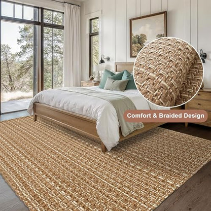 Tan Brown Boho Faux Jute Area Rug 6x9 ft,Braided Solid Non Slip Rug | Washable neutral large carpet, suitable for living room, bedroom, dining room and office - size: 6' x 9' (Rectangular)