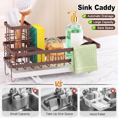 Sponge Holder for Kitchen Sink, Self-draining Sink Caddy with Towel Rack and Brush Holder, Metal Kitchen Countertop Organizers and Storage Essentials, Bronze - color: Bronze
