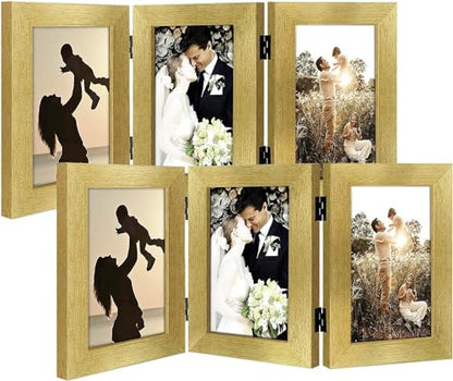Golden State Art, 4x6 Triple Picture Frame Gold- Real Glass, 2 Pack | Trifold Photo Frame Vertical Display for Desktop - Three Folding Picture Collage - color: Gold, size: 4x6(2 Pack)