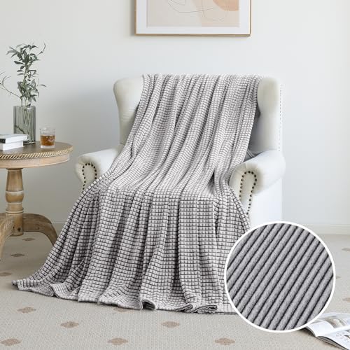 PLEASANT BOULEVARD | Fuzzy Throw Blanket Double-Sided Design Checkered Striped Waffe Lightweight Fleece Blankets for Bed and Couch Décor – Cozy, Soft, Cute for Women, Twin (60" x 80") Grey - color: Grey, size: Twin (60" x 80")