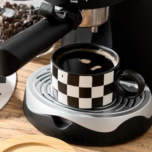 LUKA 6 Ounce Ceramic Stackable Black and White Checkered Espresso Cups with Saucers and Metal Stand Set of 4, Cappuccino Cups Set for Coffee Drinks, Latte, Cafe Mocha and Tea, Black Interior - color: 4BKG-Black & White