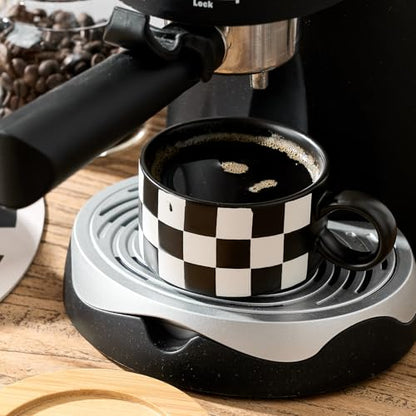 LUKA 6 Ounce Ceramic Stackable Black and White Checkered Espresso Cups with Saucers and Metal Stand Set of 4, Cappuccino Cups Set for Coffee Drinks, Latte, Cafe Mocha and Tea, Black Interior - color: 4BKG-Black & White