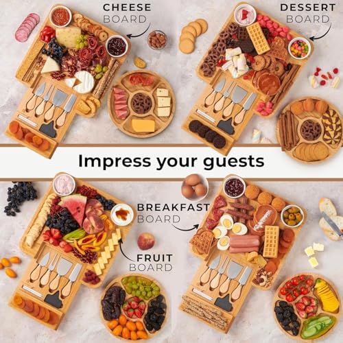 Bamboo Charcuterie Boards Gift Set - Meat and Cheese Tray with Utensils | Fruit Server & 2 Sauce Bowls Included – House Warming, Wedding & New Home Present