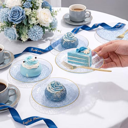 Rubtlamp 200 Pcs Blue Dessert Plates, 6 Inch Gold Rim Hammered Appetizer Plates WIth Gold Dessert Fokrs, Small Fancy Salad Plates Include 100 Cake Plate 100pcs 6inch Forks for Party Bridal Teatime - color: Blue gold