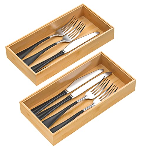 VeyFey Silverware Tray for Drawer, Stackable Kitchen Bamboo Drawer Organizer 12" x 6" x 2" Set of 2 - size: 12" x 6" x 2"