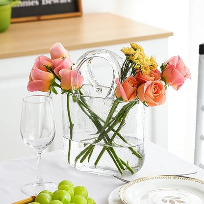 Fixwal Unique Glass Vase for Flowers, Clear Bag Vases with Handle | Cute Handbag Shape Decorative Flower Vases with Fish Bowl for Centerpieces Home Table Shelf Decor Birthday