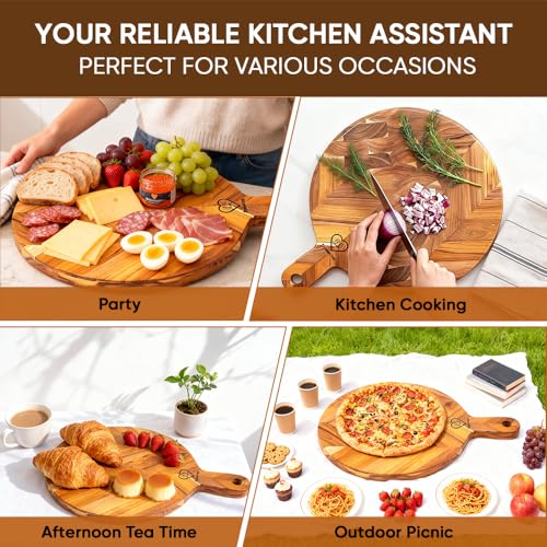 Teak Cutting Board 15.75x11.8x0.7" Round Wooden Cutting Board with Handle