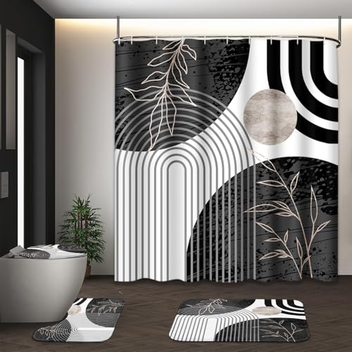 Boho Bathroom Sets with Shower Curtain and Rugs, 4 Pcs, Geometric | Abstract Minimalist Vintage Bathroom Decor Set with Toilet Lid Cover, Non-Slip Bath Mats and Accessories 12 Hooks - color: Vintage Grey
