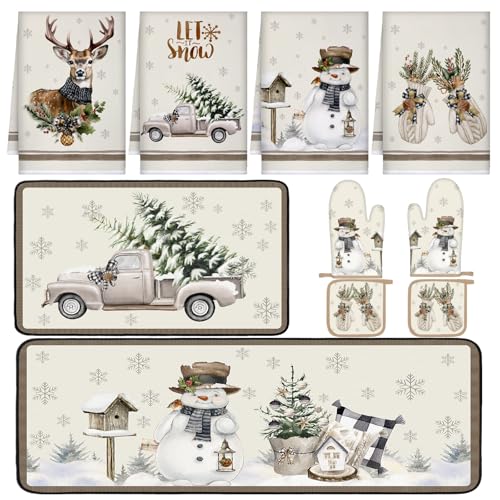 Fourluoo 10 Pcs Kitchen Dish Towels Rugs Oven Mitts and Pot Holders Set Farmhouse Kitchen Decor Set for Women Mom Daughter Gift Cooking Baking Grilling (Light Color,Christmas Elements) - color: Light Color, style: Christmas Elements