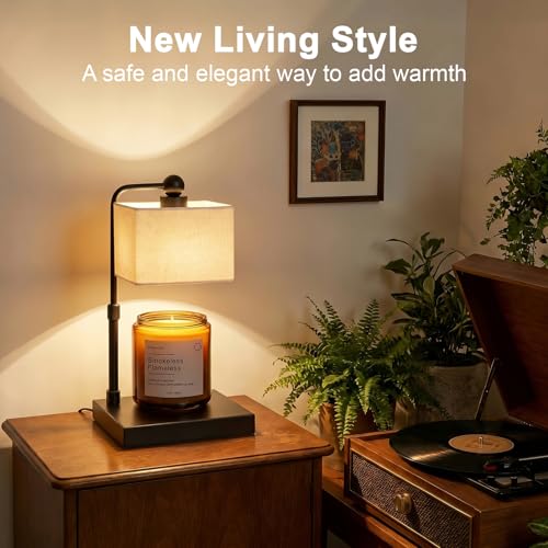 Candle Warmer Lamp with Timer, Dimmable, Adjustable Height, Modern Farmhouse Linen Shade, Black Candle Warming Lamp for Up to 6-Inch Jar Candles, 2 Bulbs Included - color: Flaxen-Rectangular