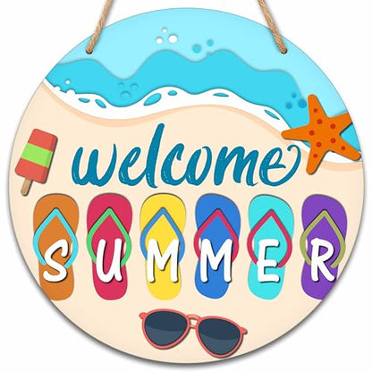 Summer Welcome Sign, Round Wooden Wall Sign, 10x10 inches, Beach Theme, Flip Flop Decor, Rope Mount - color: Flip Flop