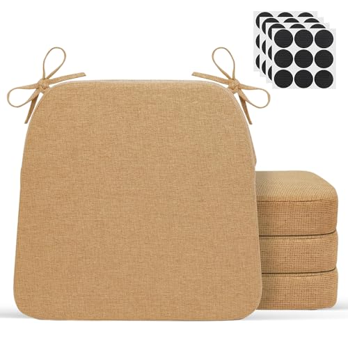Chair Cushions for Dining Chairs - 17" x 16" x 2" D-Shaped Indoor Seat Cushions - Non Slip Chair Pads with Removable Ties and Washable Cover Set of 4 - Chair Leg Pads Included - Khaki - color: Warm Khaki, size: Pack of 4