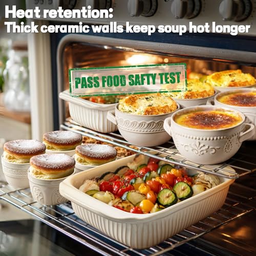 French Onion Soup Bowls with Handles and lids & Spoons, 20 Oz Ceramic Soup Crocks Oven Safe Serving Bowls for Chili, Beef Stew, Cereal, Pot Pies, Embossment, Set of 4, White (Multiple Patterns) - color: White (Multiple Patterns)