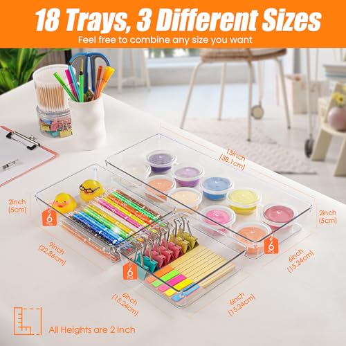 18 Pcs Large Size Clear Drawer Organizer Set, Acrylic Non Slip Non Cracking Kitchen Drawer Storage Tray Divider, Multifunctional Storage for Cosmetics, Bathroom, Tools, Kitchen and Office - size: 18 Pack