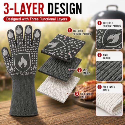 IGNISGUARD® BBQ Gloves, Heat Resistant Grill Gloves, 1 Pair, Gray (L) | EN407:2020 tested with textured silicone grip, three-layer construction and long knit cuff for added wrist coverage. - color: Gray, size: Large