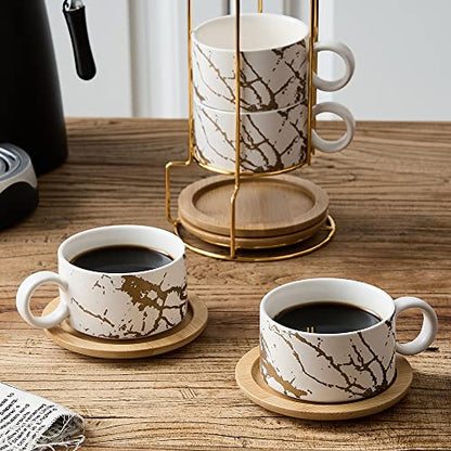 LUKA Porcelain Espresso Cup with Metal Stand, 6 Ounce Stackable Ceramic Demitasse Espresso Mugs Cappuccino Cups Set for Latte,Coffee,Cafe Mocha,Tea(Set of 4,White) - color: White