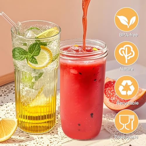 32oz Ribbed Glassware Large Cup, Glass Cups With Lids And Straws,Iced Coffee Cups With Lids,Glasses Drinking Set,Cute Cups,Boba Cup,With Straw Brush,Ideal Gift