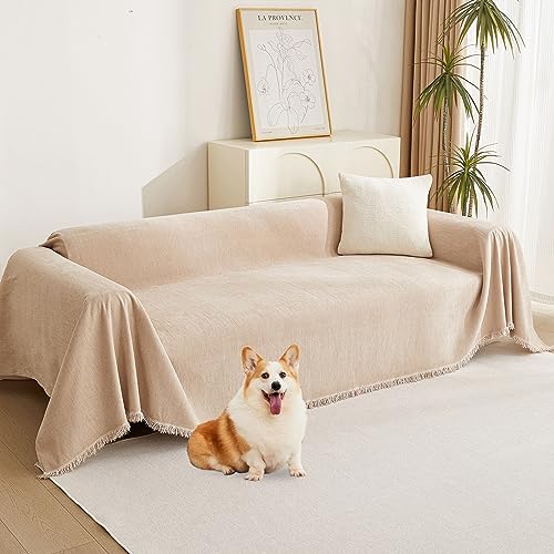 MYSKY HOME Chenille Couch Covers for Sectional Sofa, Couch Cover for Dogs, Washable Sofa Cover, Soft Furniture Protector, Sofa Covers for Futon, Loveseat, Cushion Cover with Tassel, 71"x 102", Khaki - color: Tassels Edge-khaki, size: 71" x 102"