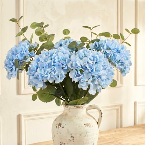 RyddeligHome Blue Hydrangea Artificial Flowers Arrangement, Blue Home Decor | Blue Table Centerpiece - 5 Real Touch Hydrangea Stems & 3 Faux Eucalyptus, Dining Room Entryway Living Room Costal Decor - color: Blue Hydrangea