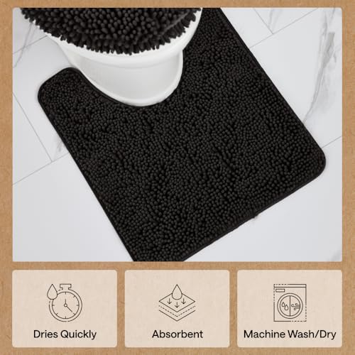 GORILLA GRIP Bathroom Rug Sets 3 Piece, Bath Mat Set and Oval Toilet Base with Rubber Backing, Plush Absorbent Shaggy Chenille Washable Mats, Includes 24x19.5, 24x17 and 30x20 Inch Rugs, Black - color: Black, style: 24"x19.5" + 24"x17" + 30"x20" - 3 Pack