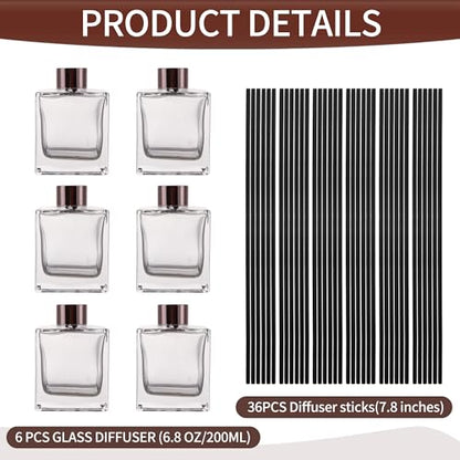 6 Pack Perfume Reed Diffuser Bottle,Empty Square Essential Oil Bottles Glass Jar with Black Sticks for DIY Fragrance Replacement Diffuser Sets (200ml/6.8 oz, Transparent Color) - color: Transparent ( 6.8 Oz )