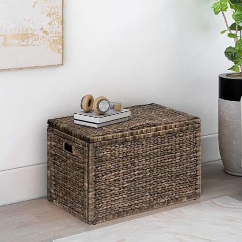 Water Hyacinth Wicker Storage Trunk, Brown Wash, 30x17.5x17.5 | Safety Hinge, Heavy-duty, Metal Frame - color: Brown Wash, size: 30" x 17.5"