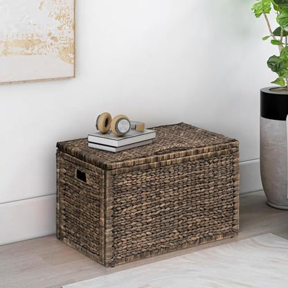 Water Hyacinth Wicker Storage Trunk, Brown Wash, 30x17.5x17.5 | Safety Hinge, Heavy-duty, Metal Frame - color: Brown Wash, size: 30" x 17.5"