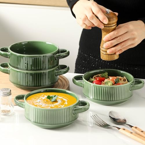 Soup Bowls with Handles, 23 oz French Onion Soup Crocks, Stackable Soup Bowl Oven Safe for Chili, Beef Stew, Embossment Ceramic Bowl Set - 5.4 Inch, Set of 4 (Green) - color: Green